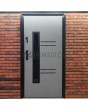 Concrete external single front door with black frame around glass