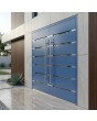Blue hinged aluminum double door with horizontal stripes and glass