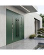 Green aluminum double hinged front door with vertical glass