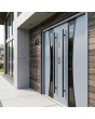 Silver modern steel double front door with black frame around the glass