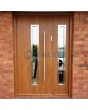 Golden oak exterior metal entry door with sidepanel