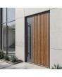 Anthracite pivot door with golden oak vertical slats
