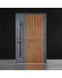 Anthracite Aluminium pivot door with golden oak vertical slats