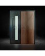 Black aluminum pivot door with vertical slats made of aluminum profiles