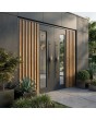 Black aluminum double door with vertical slats and window