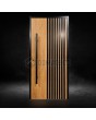 Golden oak Hinged front  door with black vertical slats made of aluminum profiles
