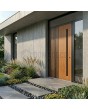 Golden oak aluminum pivot door with black vertical slats made of aluminum profiles