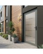 Grey aluminum frosted front door with four transparent stripe