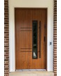 Golden oak external single front door with black frame around glass
