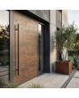 Rust aluminum entry door covered with corten sintered quartz with two glass panel