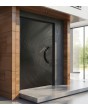 Black aluminum hinged front door with milled pattern
