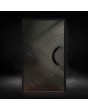 Black aluminum hinged front door with milled pattern