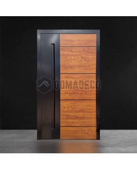 Anthracite aluminum front door with golden oak wooden decor