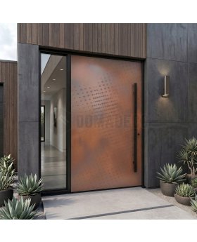 Aluminum hinged entry door with copper texture of milled metal