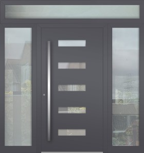 Aluminum LIM hinged front door with left, right and top glass panel