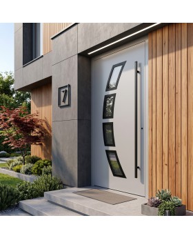 Silver aluminum front door with glass