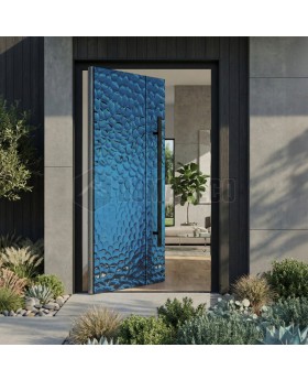 Aluminum pivot door covered with blue stainless steel sheet