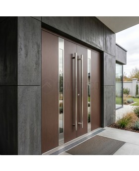 Brown modern aluminum double hinged front door with glass