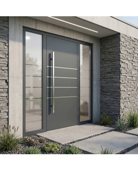 Anthracite strong aluminum entry door with left and right glass panel