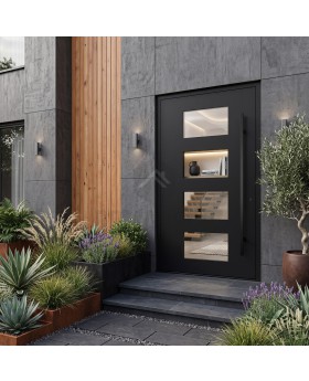 Black aluminum entry hinged door with four glass