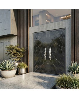 Black aluminum double door covered with Calacatta Black sintered quartz