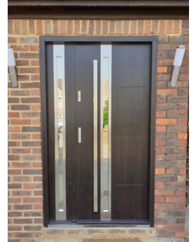walnut front house door with side panel
