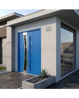 Blue metal entrance door with side panel