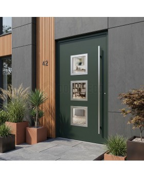 Green aluminum front door with three window