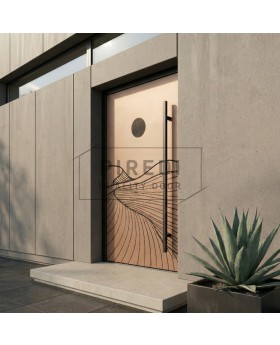 Aluminum front door with copper texture of milled metal