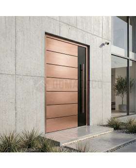 Aluminum front door with copper texture of milled metal