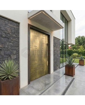 Aluminum hinged entry door with yellow brass texture of milled metal