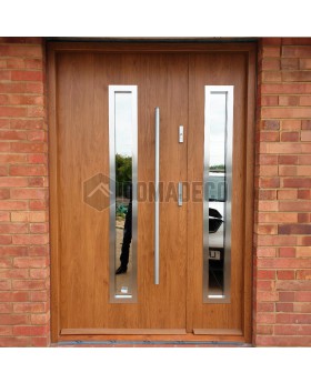 Golden oak exterior metal entry door with sidepanel