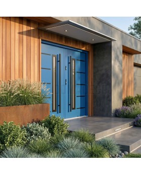 Blue stainless steel exterior double front door with black frame around glass
