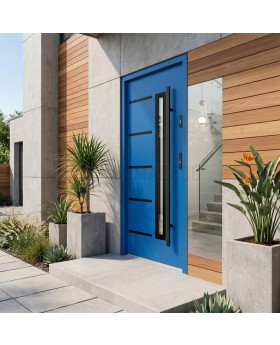 blue security external single door with black frame arround glass