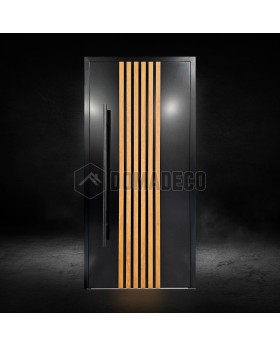 Aluminum front door with vertical slats made of aluminum profiles