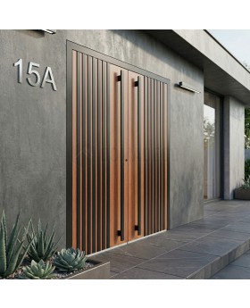 Golden oak  aluminum front double door with black vertical slats made of aluminum profiles