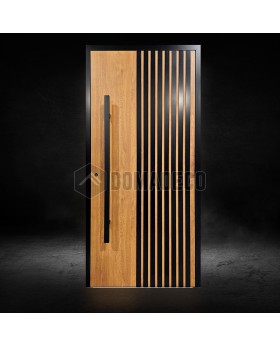 Golden oak Hinged front  door with black vertical slats made of aluminum profiles