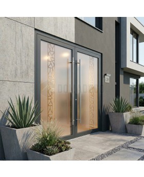 Anthracite frosted aluminum double door with transparent motif