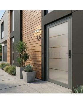 Grey aluminum frosted front door with four transparent stripe