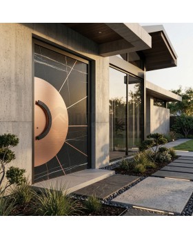 Aluminum pivot door covered with Sahara Noir sintered quartz and copper sheet