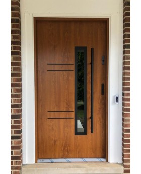 Golden oak external single front door with black frame around glass
