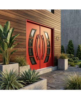 red high security exterior metal double door with glass and black frame