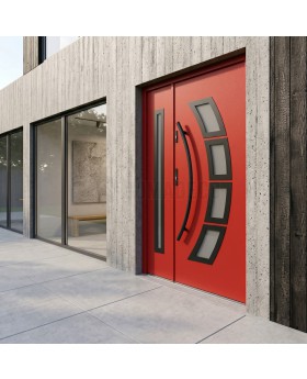 red modern steel front door with side panel