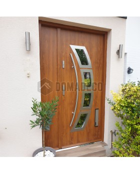Golden oak steel front entry door with openable sidepanel