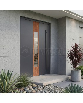 Anthracite aluminium front door with wooden decor