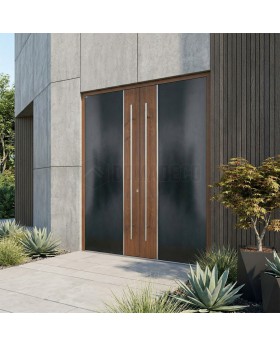Anthracite double aluminium front door with golden oak wooden decor