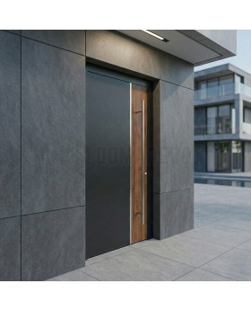 Anthracite aluminum front door with wooden decor