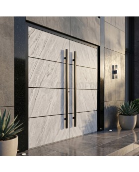 Black aluminum double front door covered with white rock stone texture