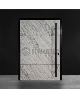 Aluminum front door covered with white rock stone texture