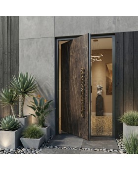 Aluminium pivot door covered with Noir Desir sintered quartz